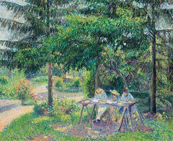 Enfants Attables Dans Le Jardin A Eragny Oil Painting by Camille Pissarro