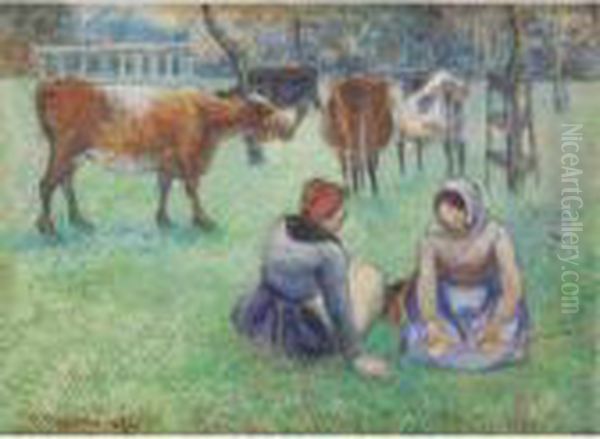 Paysannes Assises Gardant Des Vaches Oil Painting by Camille Pissarro