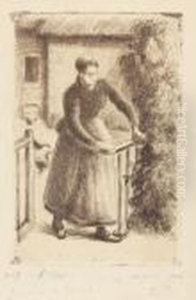 Femme A La Barriere Oil Painting by Camille Pissarro