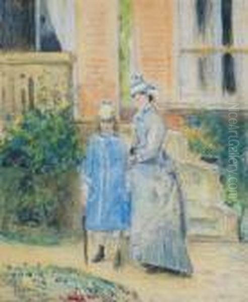 Deux Jeunes Filles Dans Un Jardin, Devant Un Perron Oil Painting by Camille Pissarro