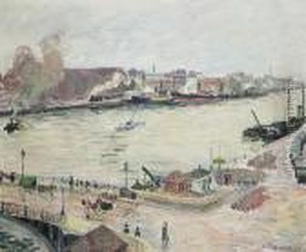 La Seine A Rouen, Pont Boieldieu Oil Painting by Camille Pissarro