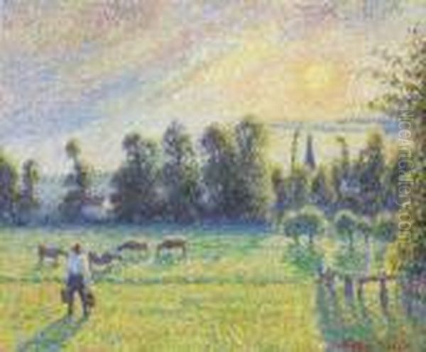 Paturage, Coucher De Soleil, Eragny Oil Painting by Camille Pissarro