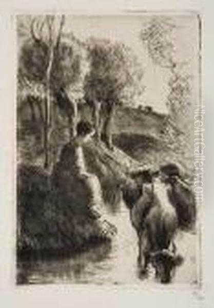 Vachere Au Bord De L'eau Oil Painting by Camille Pissarro