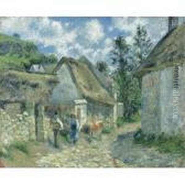 Rue Des Roches Au Valhermeil A Auvers-sur-oise, Chaumieres Et Vache Oil Painting by Camille Pissarro