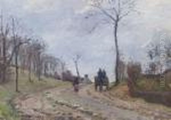 Charrette Sur Une Route, Hiver, Environs De Louveciennes Oil Painting by Camille Pissarro