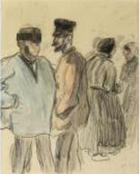 Groupe De Personnages Au Marche, Gisors Oil Painting by Camille Pissarro