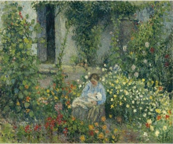 Julie Et Ludovic-rodolphe Pissarro Dans Les Fleurs Oil Painting by Camille Pissarro