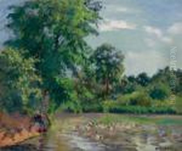 Canards Sur L'etang De Montfoucault Oil Painting by Camille Pissarro