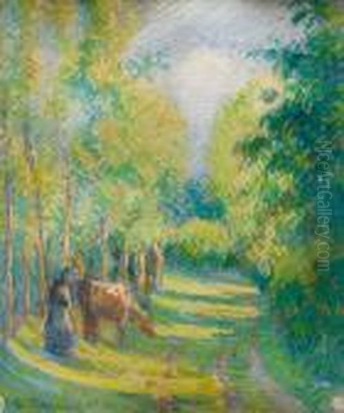 Vachere Pres D'une Clairiere A Eragny Oil Painting by Camille Pissarro