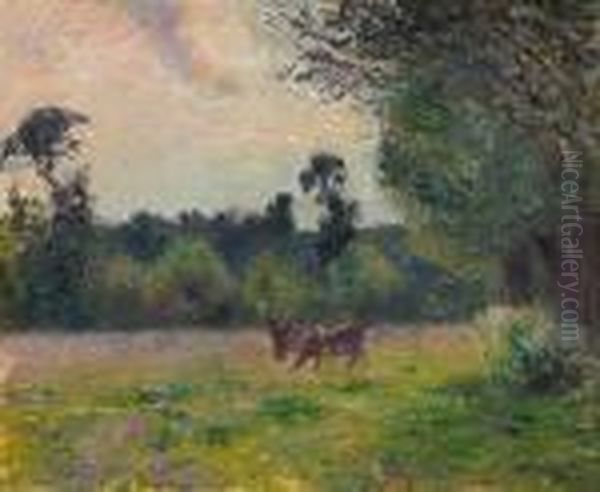 Vaches Dans Un Pre, Soleil Couchant Oil Painting by Camille Pissarro