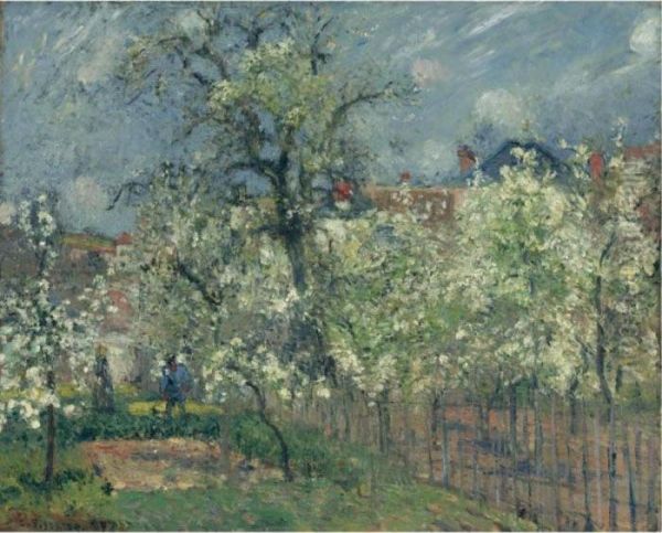 Le Jardin De Maubuisson, Pontoise, Poiriers En Fleur Oil Painting by Camille Pissarro