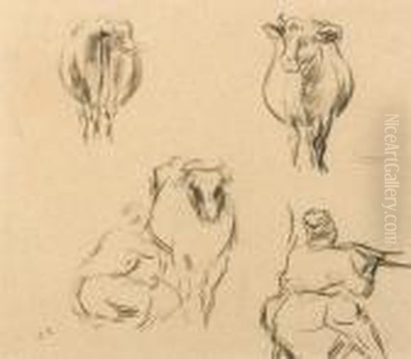 Quatre Etudes ; Deux Croquis 
D'une Femme Trayant Une Vache Et Deux Etudes De Vaches De Face Et De 
Fesse Oil Painting by Camille Pissarro