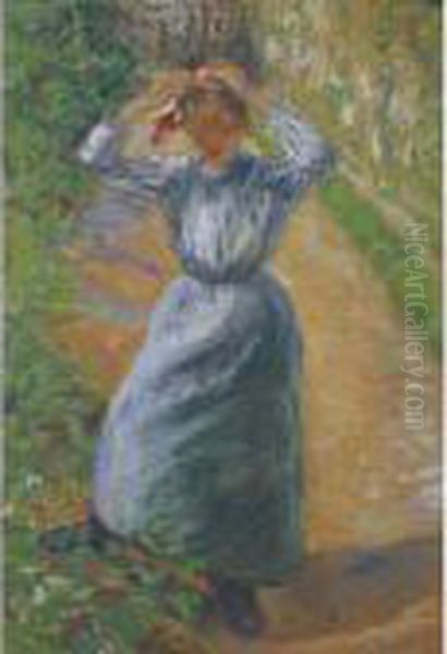 Paysanne Rattachant Sa Marmotte Oil Painting by Camille Pissarro