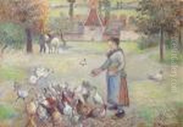 Femme Distribuant Du Grain A Des Poules, Ferme A Bazincourt Oil Painting by Camille Pissarro