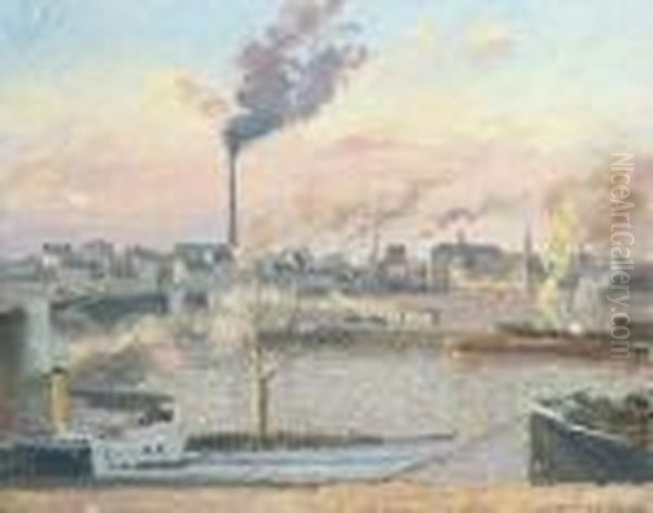 Le Pont Boieldieu Et La Gare D'orleans, Rouen, Matin, Cinqheures Oil Painting by Camille Pissarro