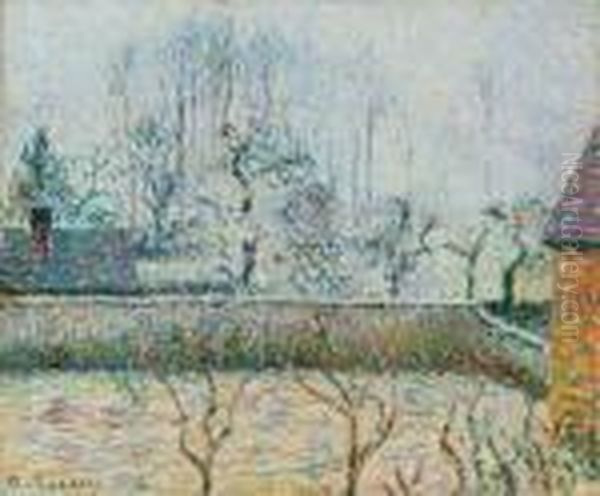 Paysage Avec Maisons Et Mur De Cloture, Givre Et Brume, Eragny Oil Painting by Camille Pissarro