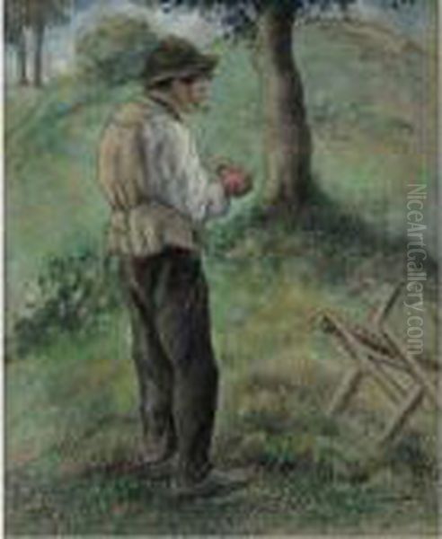 Le Pere Melon Allumant Sa Pipe Oil Painting by Camille Pissarro