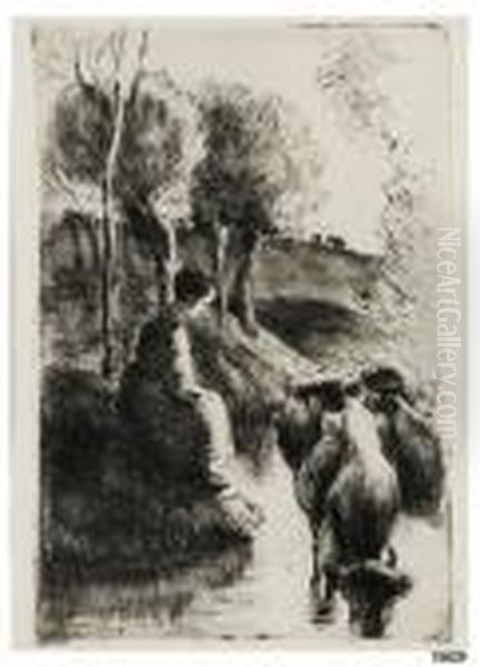 Vachere Au Bord De L'eau Oil Painting by Camille Pissarro