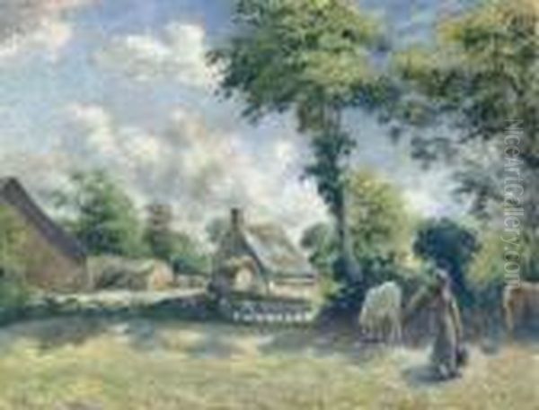 Paysage A Melleray, Femme Donnant A Boire A Des Chevaux Oil Painting by Camille Pissarro