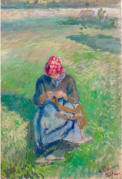 Paysanne Tricotant Oil Painting by Camille Pissarro