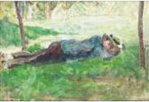 Jeune Paysan Couche Dans L'herbe Oil Painting by Camille Pissarro