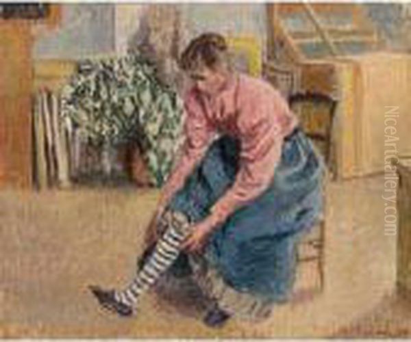 Femme Tirant Son Bas Oil Painting by Camille Pissarro