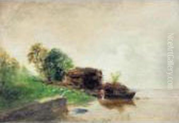 Lavandiere Au Bord De La Riviere Oil Painting by Camille Pissarro