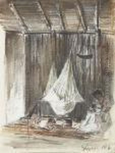 The Interior Of A Hut With A 
Hammock And An Indian Mother With Hertwo Children, Galipan (recto); Palm
 Trees (verso) Oil Painting by Camille Pissarro