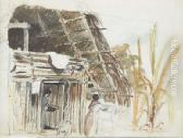 A Hut With Two Women And A Dog 
In The Foreground, Galipan (recto);studies Of Women And A Men In A Hat 
(verso) Oil Painting by Camille Pissarro