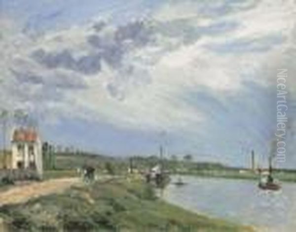 Chemin Au Bord De L'oise Avec Peniche, Barque, Remorqueur,pontoise Oil Painting by Camille Pissarro