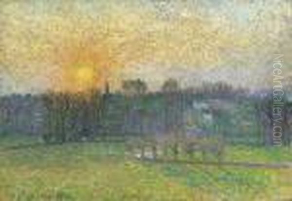 Coucher De Soleil, Bazincourt Oil Painting by Camille Pissarro