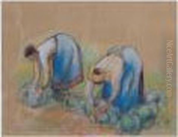 Deux Paysannes Ramassant Des Choux Oil Painting by Camille Pissarro