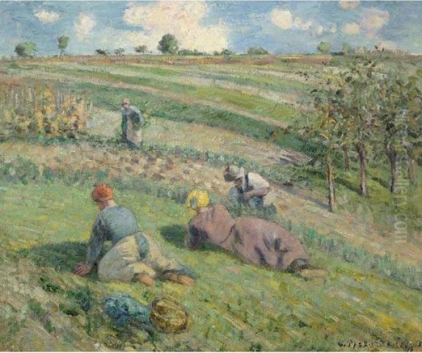 Sarcleurs Dans Les Champs, Pontoise Oil Painting by Camille Pissarro