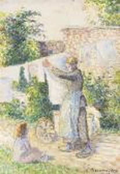 Femme Etendant Du Linge, Eragny Oil Painting by Camille Pissarro