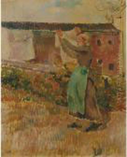 Femme Etendant Du Linge (etude) Oil Painting by Camille Pissarro