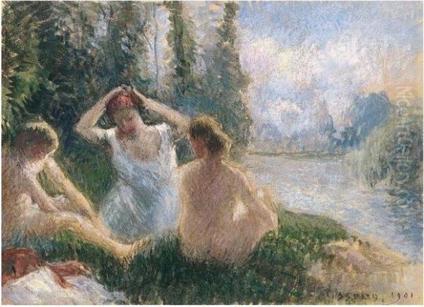 Baigneuses Assises Au Bord D'une Riviere Oil Painting by Camille Pissarro