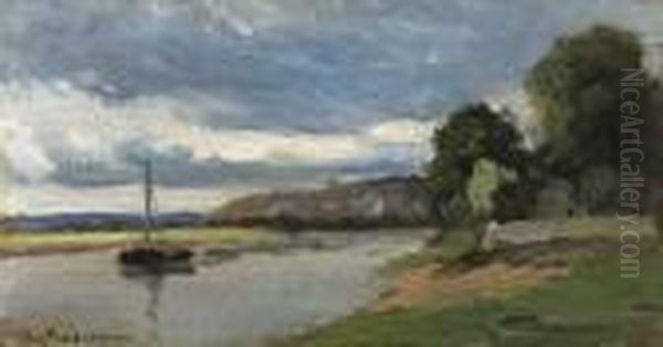 Bord De Riviere Avec Peniche Oil Painting by Camille Pissarro