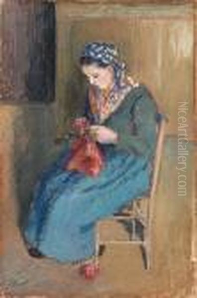 Paysanne Assise Et Tricotant Oil Painting by Camille Pissarro