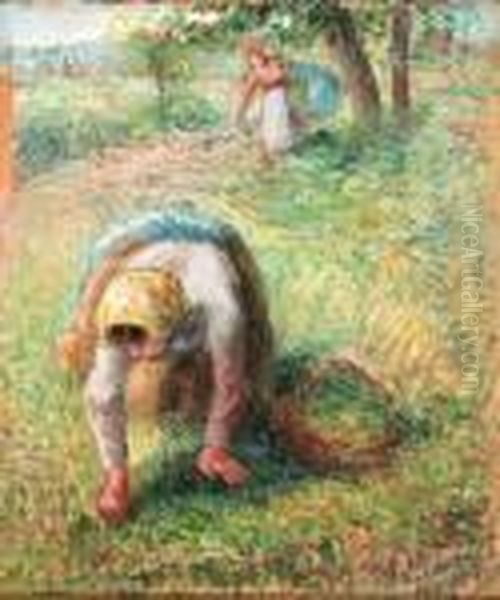 Paysannes Ramassant De L'herbe Oil Painting by Camille Pissarro