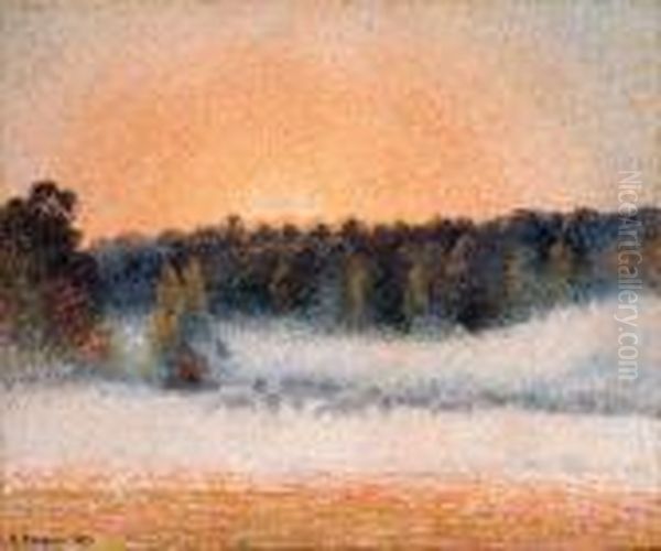 Soleil Couchant Et Brouillard Eragny Oil Painting by Camille Pissarro