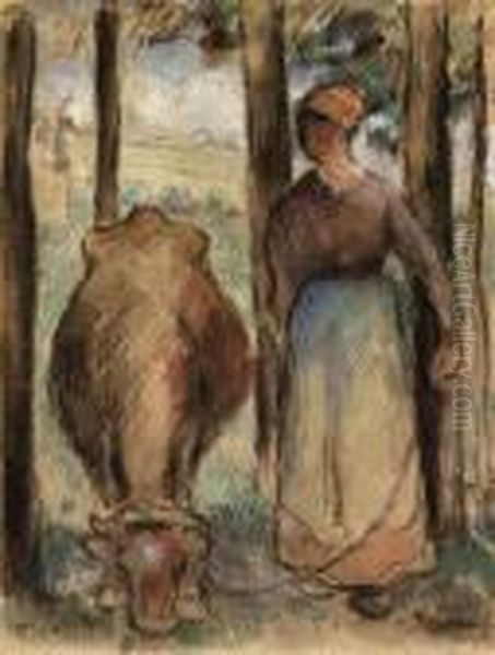 La Vachre (young Peasant Woman And Cow) Oil Painting by Camille Pissarro