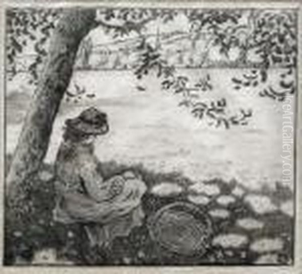 A Girl Sitting Under A Tree With A Basket Oil Painting by Lucien Pissarro