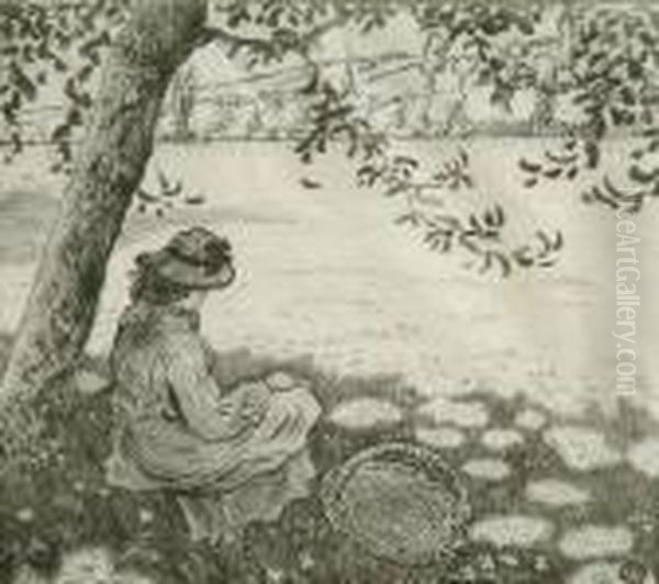 Girl Seatedbeneath A Tree Oil Painting by Lucien Pissarro