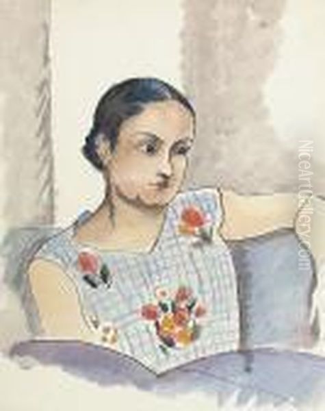 Portrait Of Woman In A Floral Dress Oil Painting by Lucien Pissarro