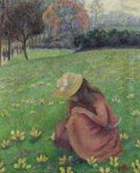 Les Crocus Oil Painting by Lucien Pissarro