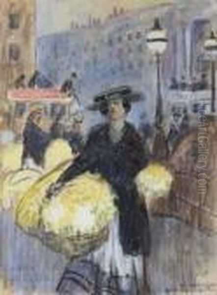 Piccadilly Circus, Marchan (sic) Dejonquilles. Oil Painting by Ludovic Rodo Pissarro