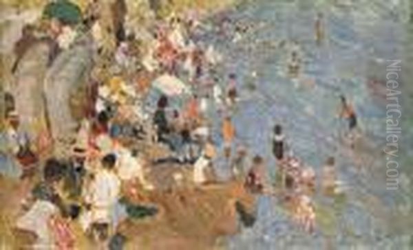 La Playa: Figures On The Beach Oil Painting by Cecilio Pla Y Gallardo