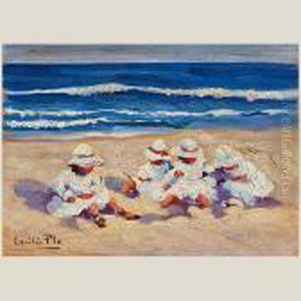 Ninos En La Playa Oil Painting by Cecilio Pla Y Gallardo