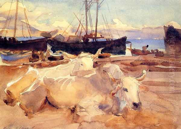 Oxen on the Beach at Baia Oil Painting by John Singer Sargent