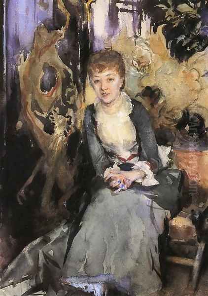 Miss Reubell Seated In Front Of A Screen Oil Painting by John Singer Sargent